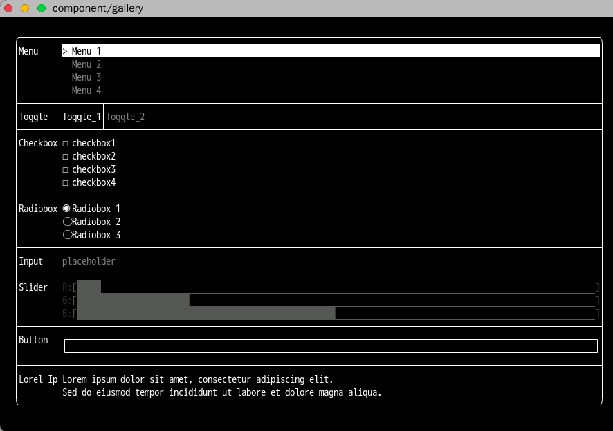 FTXUI 的 component/gallery 示例：菜单、开关、复选框、单选、输入框、滑块与按钮都画在终端字符里